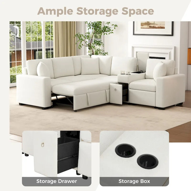 Chenille Ausziehbares Sektionssofa Schlafsofa Modulares Sektionssofa mit Kissen und 2 Becherhaltern für das Wohnzimmer