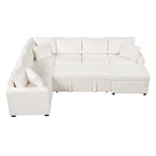 Chenille Ecksofa mit Ausziehfunktion, L-förmiges Schlafsofa mit Stauraum-Ottomane, 3 Kissen und Ladevorrichtungen