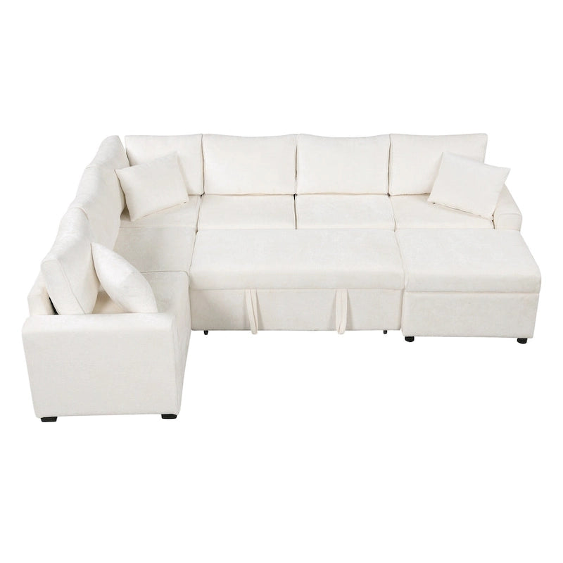 Chenille Ecksofa mit Ausziehfunktion, L-förmiges Schlafsofa mit Stauraum-Ottomane, 3 Kissen und Ladevorrichtungen