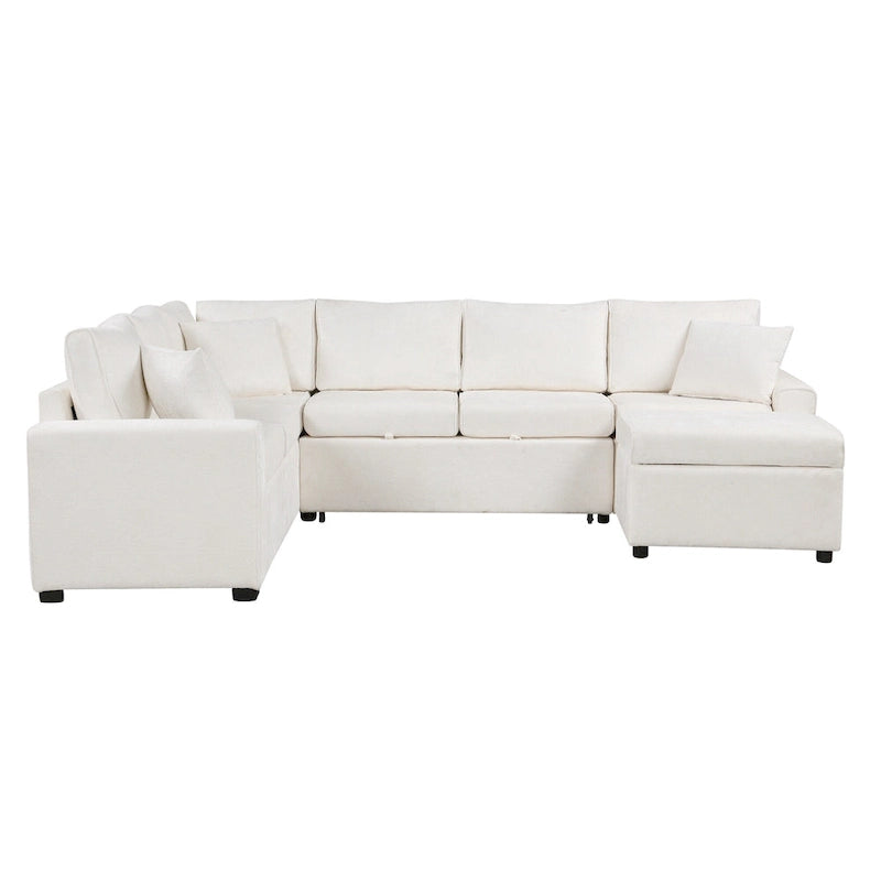 Chenille Ecksofa mit Ausziehfunktion, L-förmiges Schlafsofa mit Stauraum-Ottomane, 3 Kissen und Ladevorrichtungen