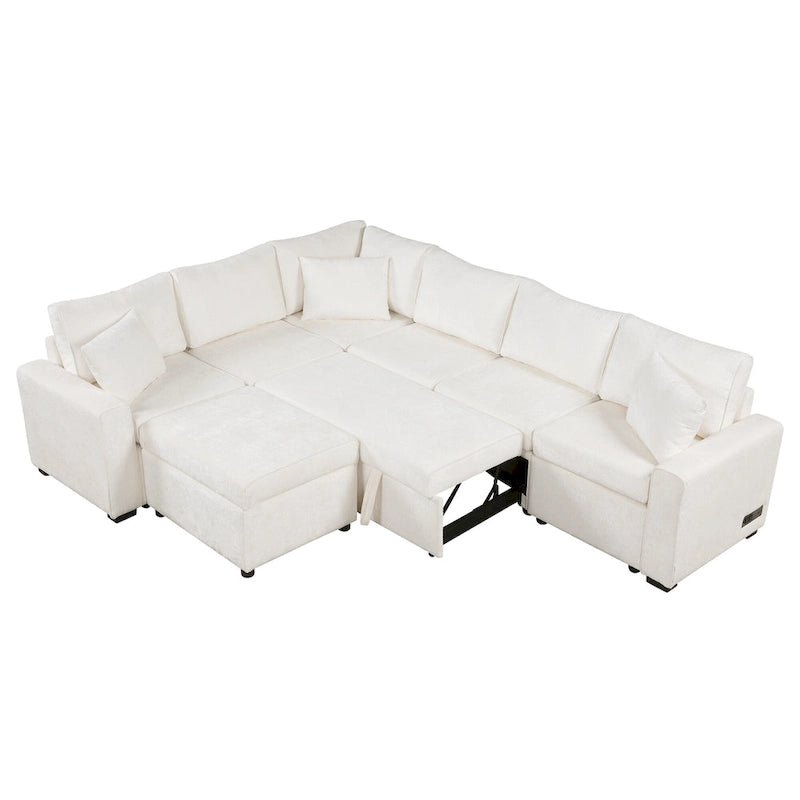 Chenille Ecksofa mit Ausziehfunktion, L-förmiges Schlafsofa mit Stauraum-Ottomane, 3 Kissen und Ladevorrichtungen