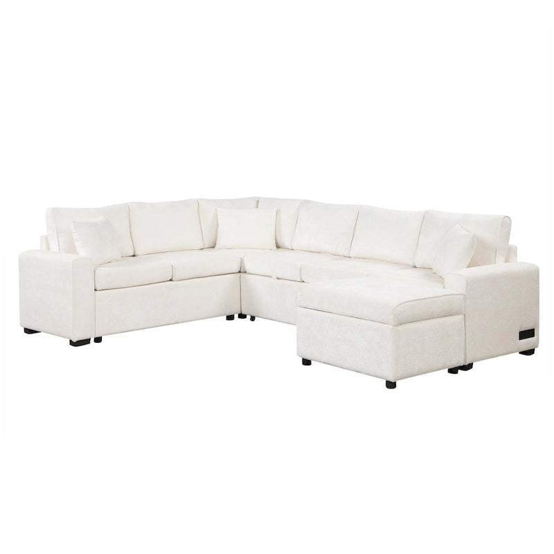 Chenille Ecksofa mit Ausziehfunktion, L-förmiges Schlafsofa mit Stauraum-Ottomane, 3 Kissen und Ladevorrichtungen