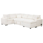 Chenille Ecksofa mit Ausziehfunktion, L-förmiges Schlafsofa mit Stauraum-Ottomane, 3 Kissen und Ladevorrichtungen