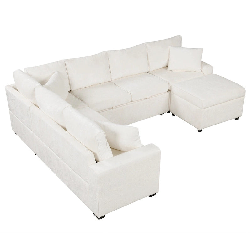Chenille Ecksofa mit Ausziehfunktion, L-förmiges Schlafsofa mit Stauraum-Ottomane, 3 Kissen und Ladevorrichtungen