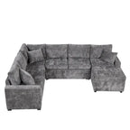 Chenille Ecksofa mit Ausziehfunktion, L-förmiges Schlafsofa mit Stauraum-Ottomane, 3 Kissen und Ladevorrichtungen