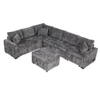 Chenille Ecksofa mit Ausziehfunktion, L-förmiges Schlafsofa mit Stauraum-Ottomane, 3 Kissen und Ladevorrichtungen