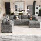Chenille Ecksofa mit Ausziehfunktion, L-förmiges Schlafsofa mit Stauraum-Ottomane, 3 Kissen und Ladevorrichtungen