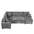 Chenille Ecksofa mit Ausziehfunktion, L-förmiges Schlafsofa mit Stauraum-Ottomane, 3 Kissen und Ladevorrichtungen
