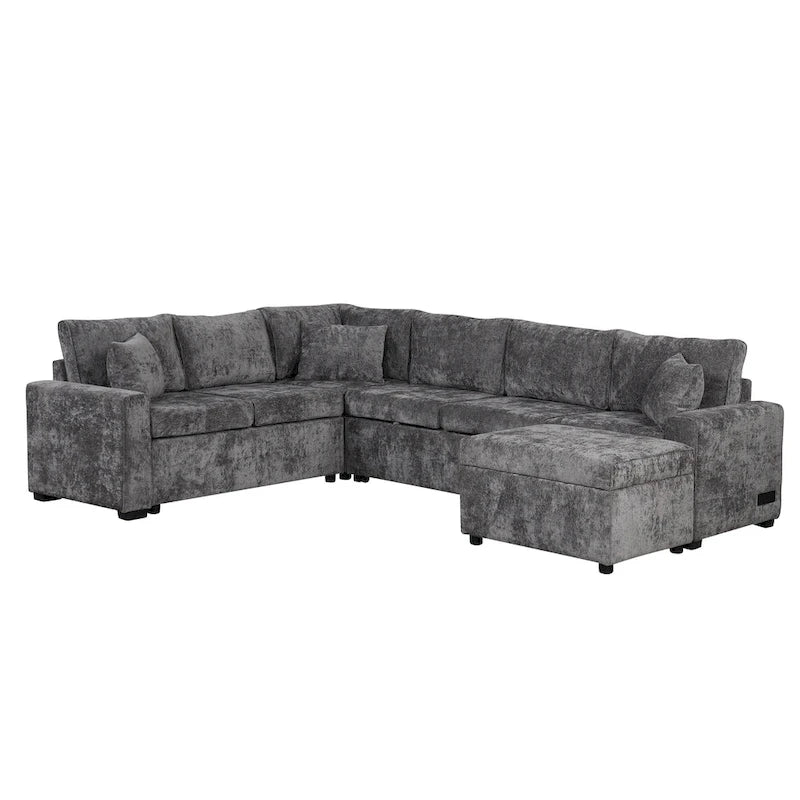 Chenille Ecksofa mit Ausziehfunktion, L-förmiges Schlafsofa mit Stauraum-Ottomane, 3 Kissen und Ladevorrichtungen