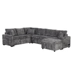 Chenille Ecksofa mit Ausziehfunktion, L-förmiges Schlafsofa mit Stauraum-Ottomane, 3 Kissen und Ladevorrichtungen