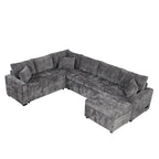 Chenille Ecksofa mit Ausziehfunktion, L-förmiges Schlafsofa mit Stauraum-Ottomane, 3 Kissen und Ladevorrichtungen