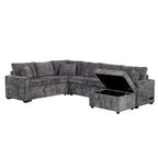 Chenille Ecksofa mit Ausziehfunktion, L-förmiges Schlafsofa mit Stauraum-Ottomane, 3 Kissen und Ladevorrichtungen