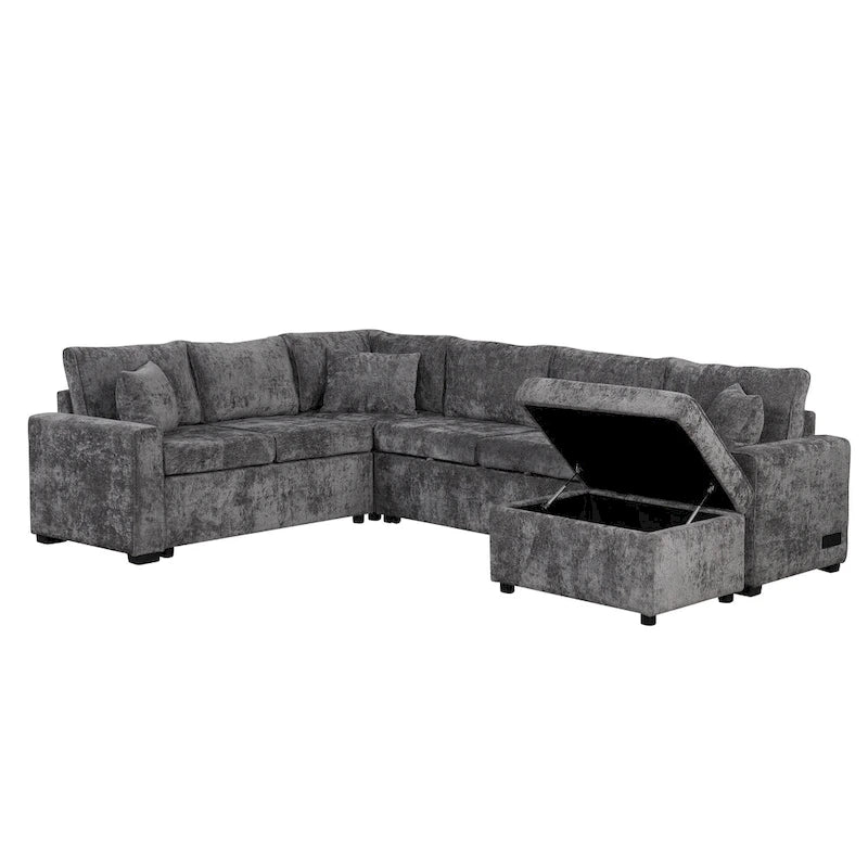 Chenille Ecksofa mit Ausziehfunktion, L-förmiges Schlafsofa mit Stauraum-Ottomane, 3 Kissen und Ladevorrichtungen