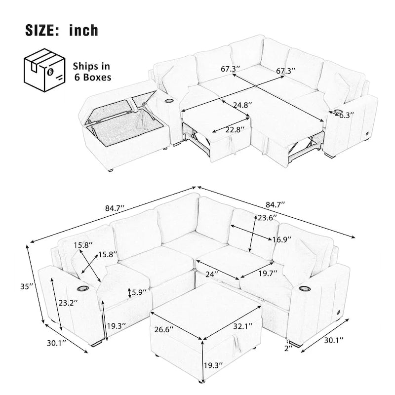 84.7 Chenille Schlafsofa mit Stauraum & USB-Anschlüssen