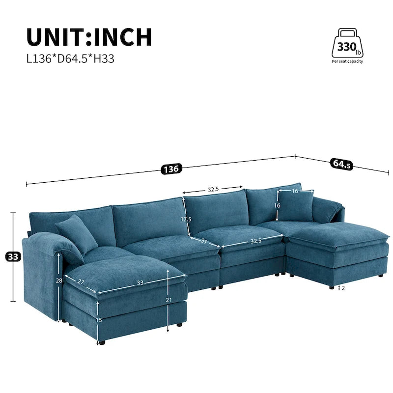 136 U-förmiges Chenille-Ecksofa mit zwei Ottomanen
