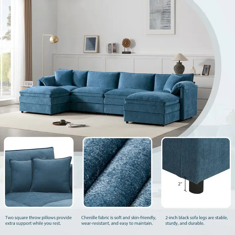 136 U-förmiges Chenille-Ecksofa mit zwei Ottomanen