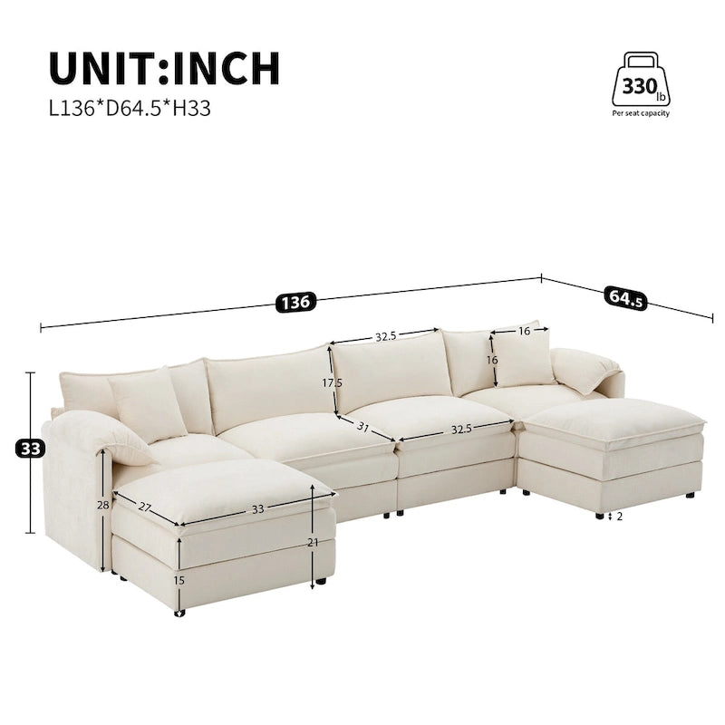 136 U-förmiges Chenille-Ecksofa mit zwei Ottomanen