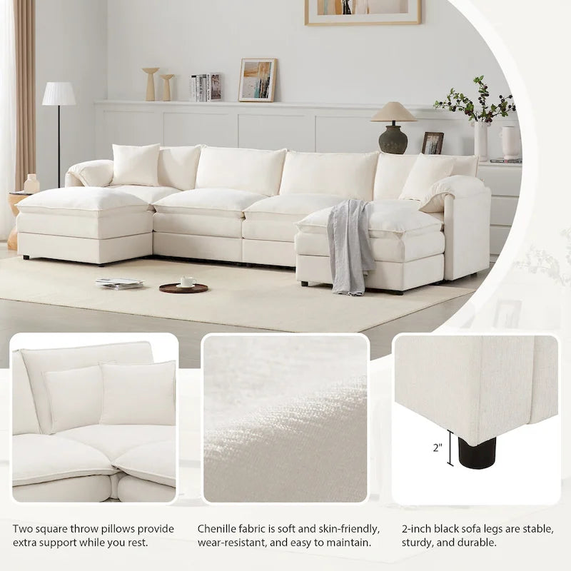 136 U-förmiges Chenille-Ecksofa mit zwei Ottomanen