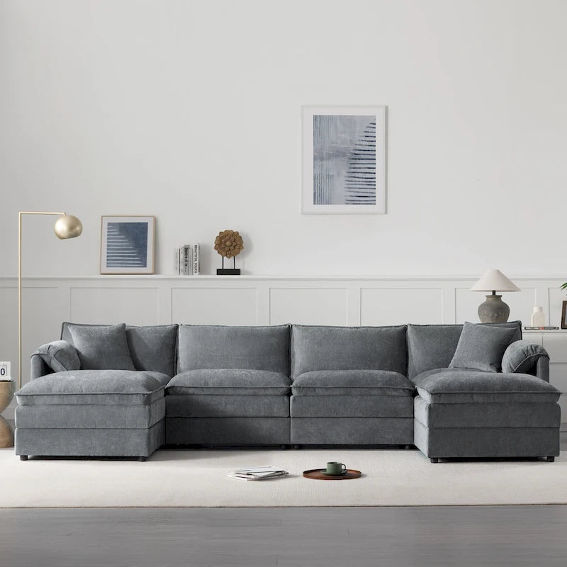 136 U-förmiges Chenille-Ecksofa mit zwei Ottomanen