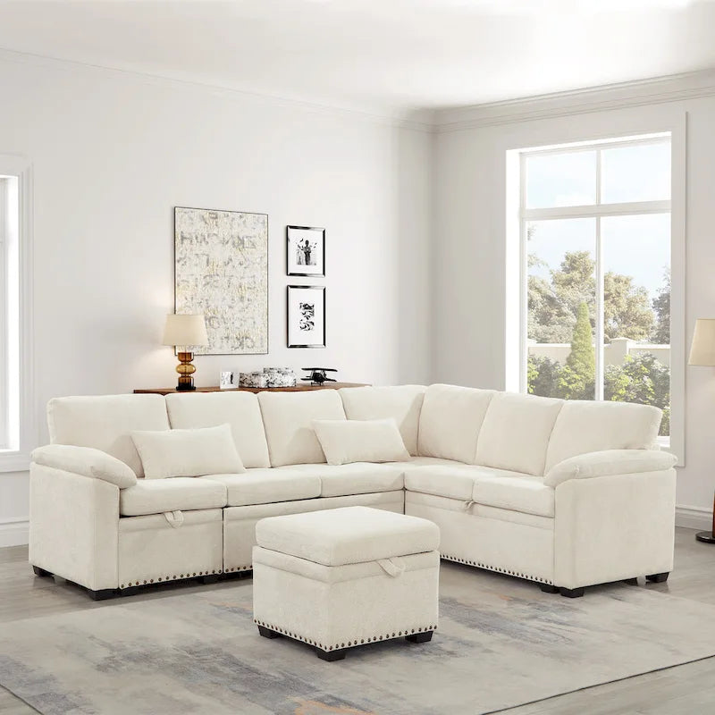 97 Chenille L-Shaped Sleeper Sectional Sofa with Storage Ottoman