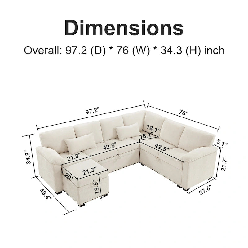 97 Chenille L-förmiges Schlafsofa mit Stauraum-Ottomane