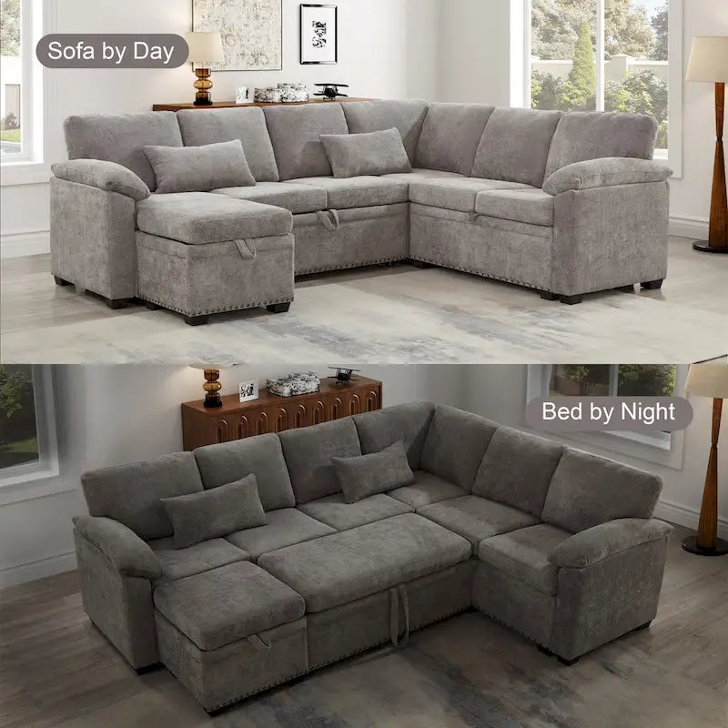 97 Chenille L-förmiges Schlafsofa mit Stauraum-Ottomane