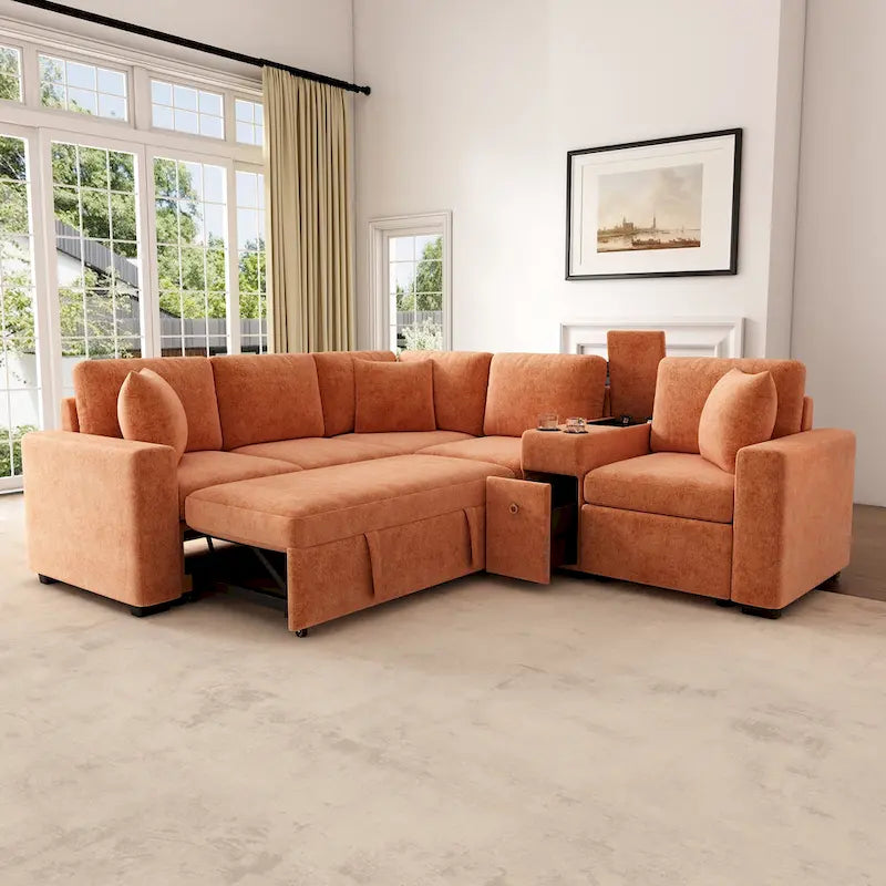 120,5 Chenille L-förmiges Schlafsofa mit Stauraum und Becherhaltern