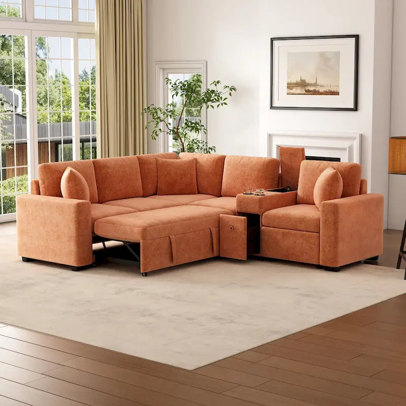 120,5 Chenille L-förmiges Schlafsofa mit Stauraum und Becherhaltern