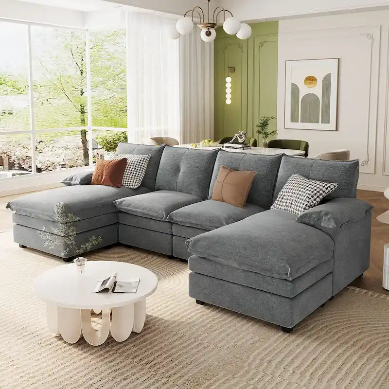 Roomfitters U-förmiges Chenille-Sofa mit verstellbaren Armlehnenkissen, perfekt für Wohnzimmer, Büros, geräumige Bereiche