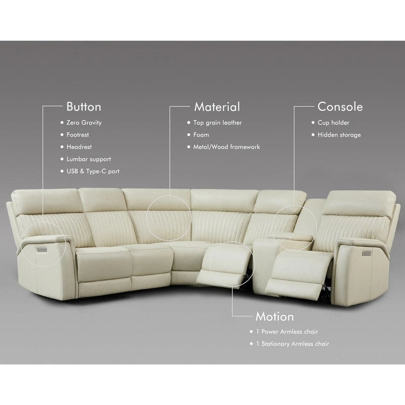 Sofa mit Konsolenbox, verstellbarer Kopfstütze, USB- und USB-C-Anschluss, 1 motorisierter Sessel ohne Armlehnen, aus echtem Leder und mit elektrischer Relaxfunktion