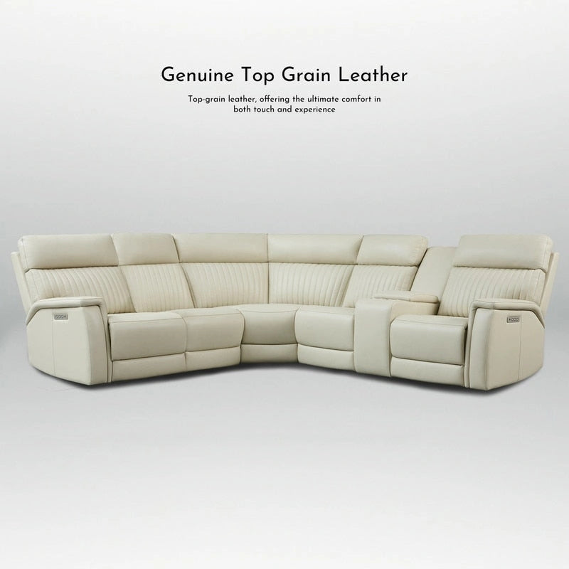 Sofa mit Konsolenbox, verstellbarer Kopfstütze, USB- und USB-C-Anschluss, 1 motorisierter Sessel ohne Armlehnen, aus echtem Leder und mit elektrischer Relaxfunktion