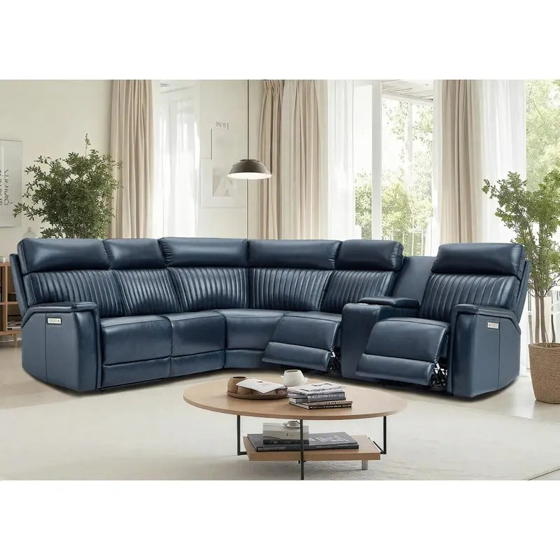 Sofa mit Konsolenbox, verstellbarer Kopfstütze, USB- und USB-C-Anschluss, 1 motorisierter Sessel ohne Armlehnen, aus echtem Leder und mit elektrischer Relaxfunktion