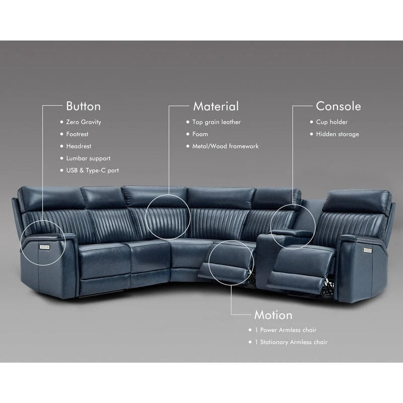 Sofa mit Konsolenbox, verstellbarer Kopfstütze, USB- und USB-C-Anschluss, 1 motorisierter Sessel ohne Armlehnen, aus echtem Leder und mit elektrischer Relaxfunktion