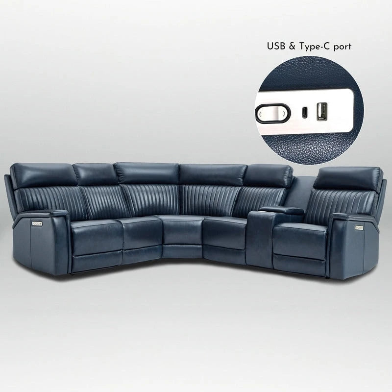 Sofa mit Konsolenbox, verstellbarer Kopfstütze, USB- und USB-C-Anschluss, 1 motorisierter Sessel ohne Armlehnen, aus echtem Leder und mit elektrischer Relaxfunktion