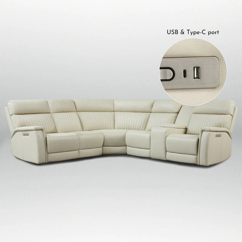 Sofa mit Konsolenbox, verstellbarer Kopfstütze, USB- und USB-C-Anschluss, 1 motorisierter Sessel ohne Armlehnen, aus echtem Leder und mit elektrischer Relaxfunktion