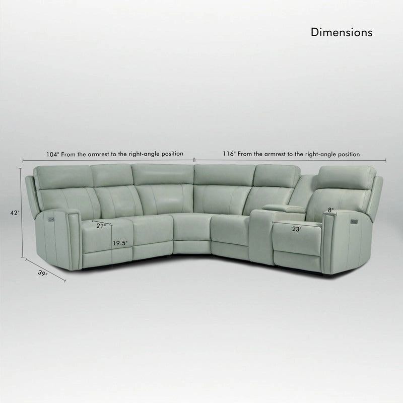104" breites Sektionssofa aus echtem Leder mit motorisierter Relaxfunktion, Zero Gravity, verstellbaren Kopfstützen, USB-Anschlüssen und Konsole