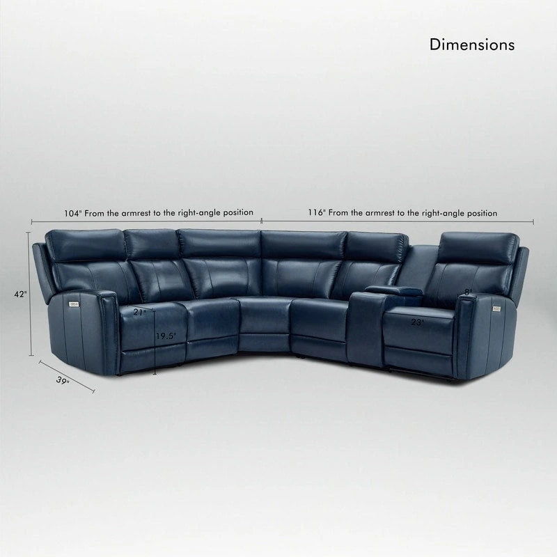 104" breites Sektionssofa aus echtem Leder mit motorisierter Relaxfunktion, Zero Gravity, verstellbaren Kopfstützen, USB-Anschlüssen und Konsole