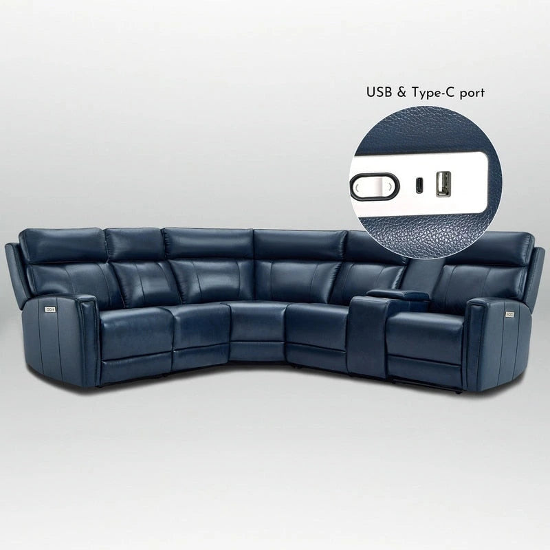 104" breites Sektionssofa aus echtem Leder mit motorisierter Relaxfunktion, Zero Gravity, verstellbaren Kopfstützen, USB-Anschlüssen und Konsole