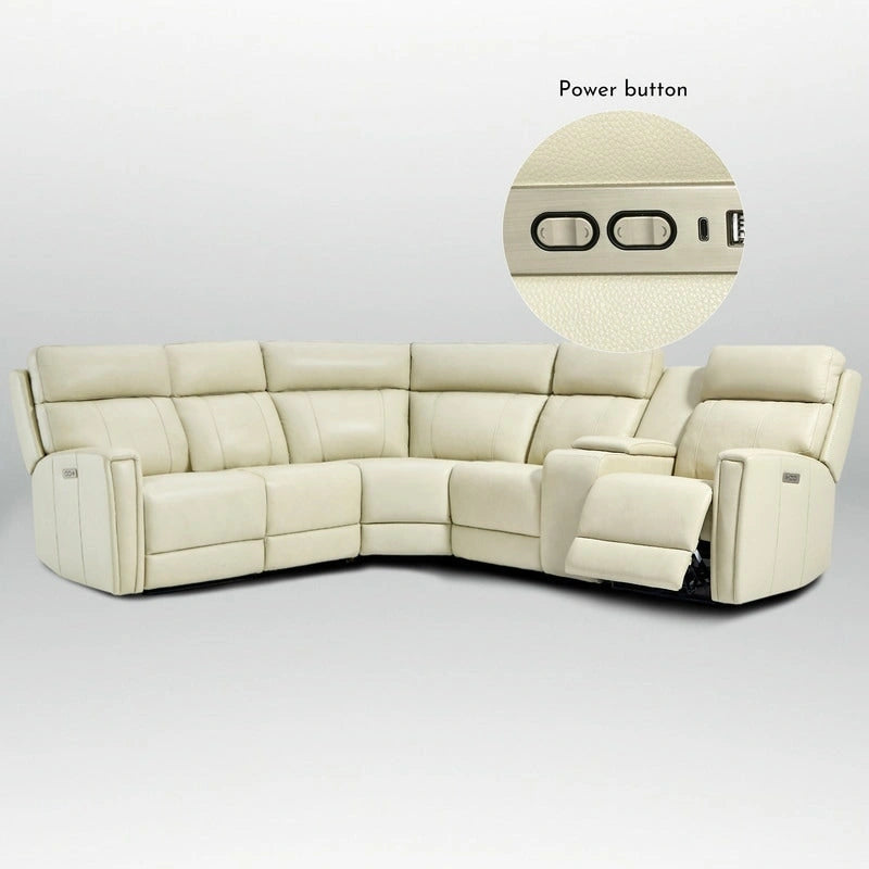 104" breites Sektionssofa aus echtem Leder mit motorisierter Relaxfunktion, Zero Gravity, verstellbaren Kopfstützen, USB-Anschlüssen und Konsole