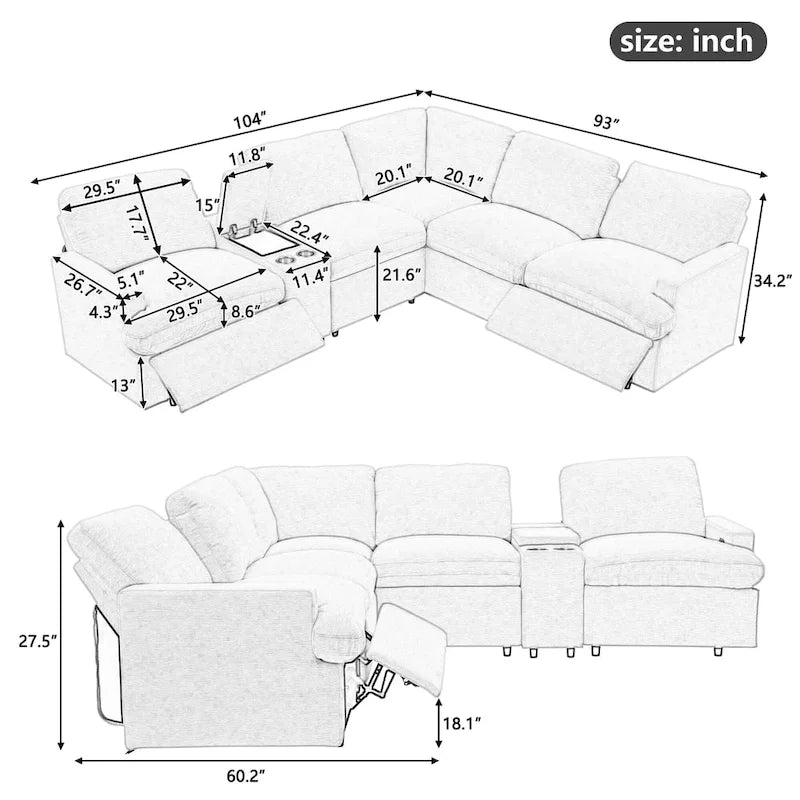 Elektrisches Ecksofa mit Relaxfunktion, Becherhaltern, USB-Anschlüssen und Steckdose für das Wohnzimmer
