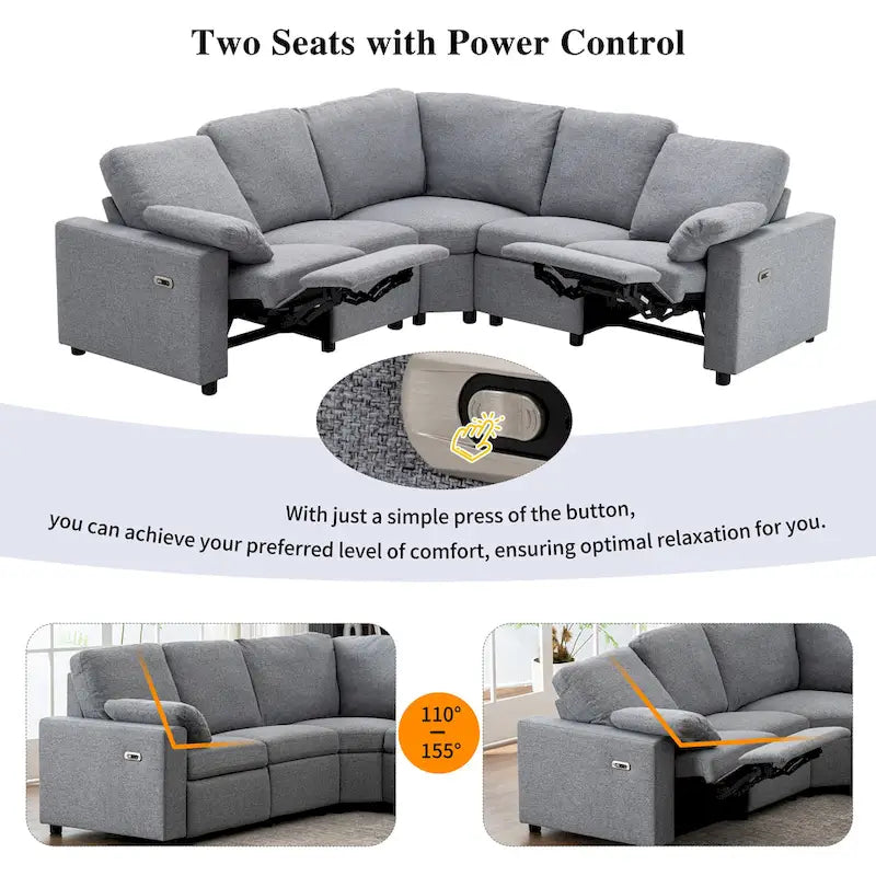 Sofa mit elektrischer Relaxfunktion, 2 Ablageschubladen und USB-Anschlüssen, L-förmiges Ecksofa für Heimkino im Wohnzimmer