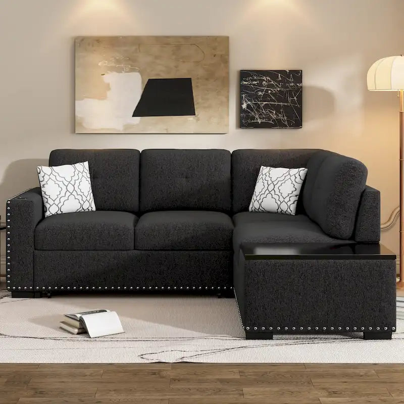 Ausziehbares Schlafsofa, L-förmiges Ecksofa mit Nagelbesatz, Lounge-Sofa mit Stauraum-Ottomane und USB-Anschlüssen, Getränkehalter, Schwarz
