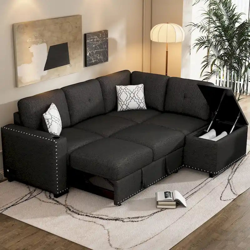 Ausziehbares Schlafsofa, L-förmiges Ecksofa mit Nagelbesatz, Lounge-Sofa mit Stauraum-Ottomane und USB-Anschlüssen, Getränkehalter, Schwarz