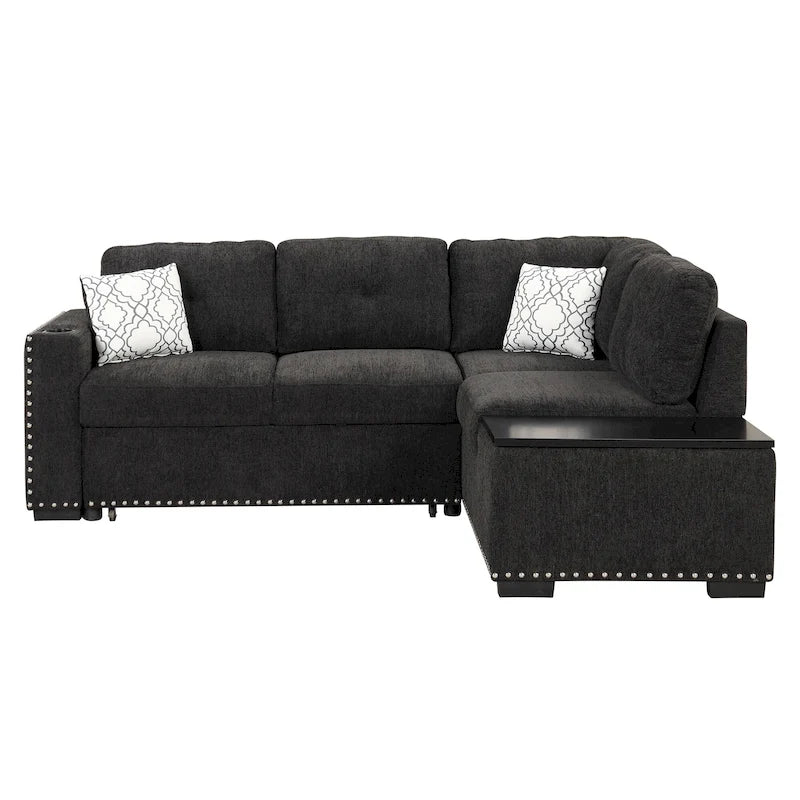 Ausziehbares Schlafsofa, L-förmiges Ecksofa mit Nagelbesatz, Lounge-Sofa mit Stauraum-Ottomane und USB-Anschlüssen, Getränkehalter, Schwarz
