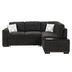 Ausziehbares Schlafsofa, L-förmiges Ecksofa mit Nagelbesatz, Lounge-Sofa mit Stauraum-Ottomane und USB-Anschlüssen, Getränkehalter, Schwarz