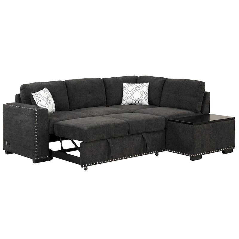Ausziehbares Schlafsofa, L-förmiges Ecksofa mit Nagelbesatz, Lounge-Sofa mit Stauraum-Ottomane und USB-Anschlüssen, Getränkehalter, Schwarz