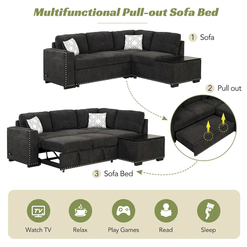 Ausziehbares Schlafsofa, L-förmiges Ecksofa mit Nagelbesatz, Lounge-Sofa mit Stauraum-Ottomane und USB-Anschlüssen, Getränkehalter, Schwarz