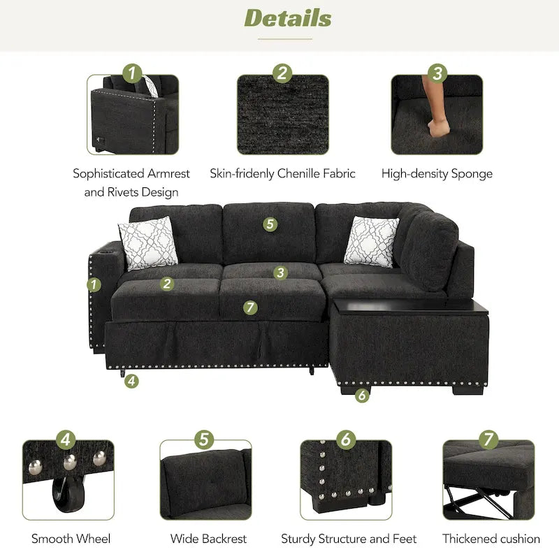 Ausziehbares Schlafsofa, L-förmiges Ecksofa mit Nagelbesatz, Lounge-Sofa mit Stauraum-Ottomane und USB-Anschlüssen, Getränkehalter, Schwarz