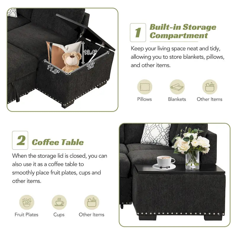 Ausziehbares Schlafsofa, L-förmiges Ecksofa mit Nagelbesatz, Lounge-Sofa mit Stauraum-Ottomane und USB-Anschlüssen, Getränkehalter, Schwarz