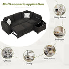 Ausziehbares Schlafsofa, L-förmiges Ecksofa mit Nagelbesatz, Lounge-Sofa mit Stauraum-Ottomane und USB-Anschlüssen, Getränkehalter, Schwarz